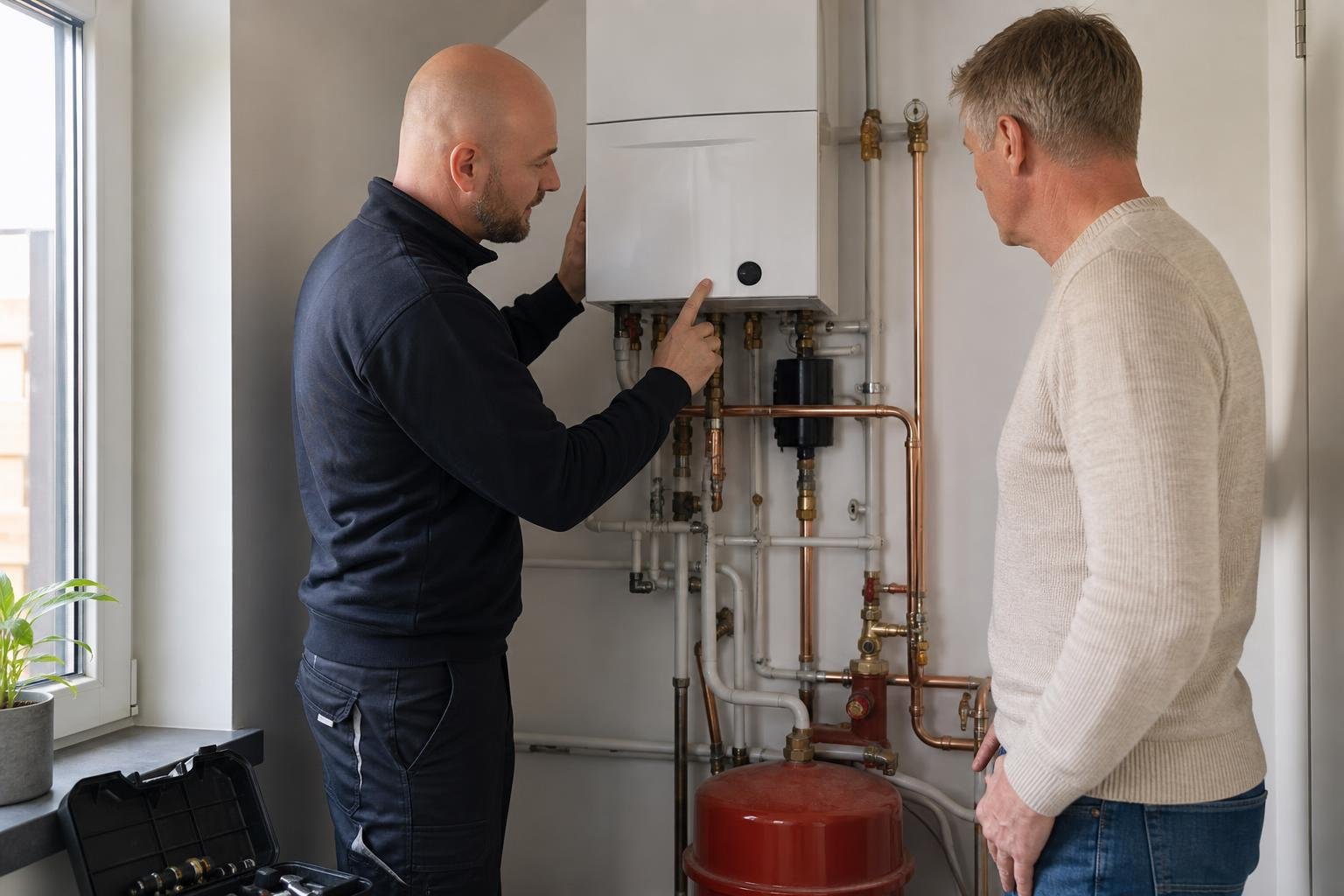 Heating technician inspecting a modern boiler installation in a Dutch home utility room
