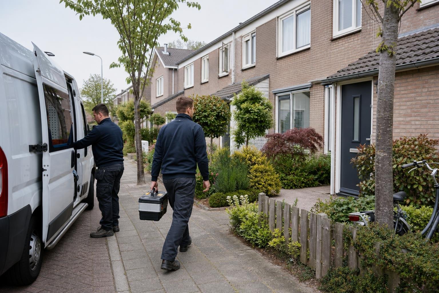 Technicians arriving at a brick row house on a quiet residential street in Heemskerk