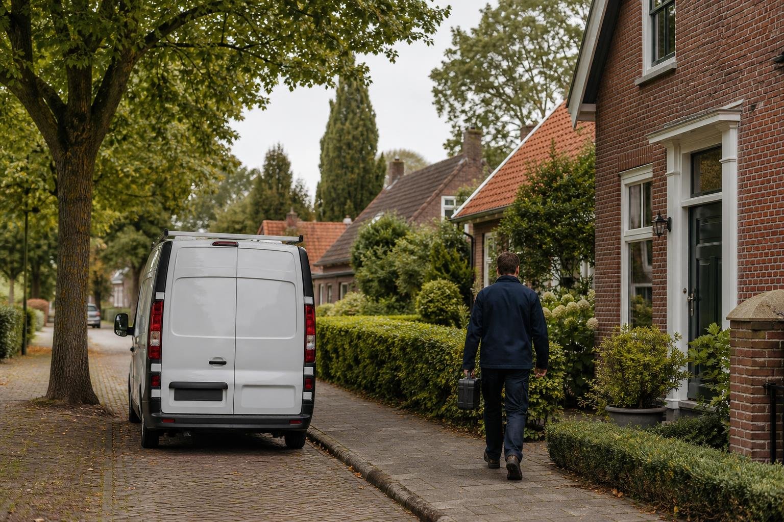 Service van and technician arriving at a quiet residential home in Driehuis