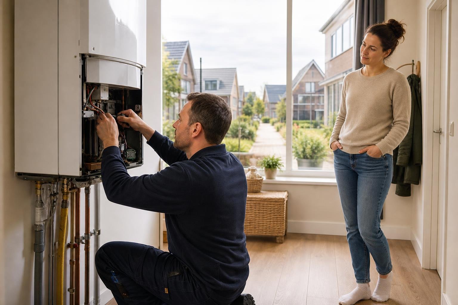 Technician performing heating maintenance in a tidy family home in Velserbroek