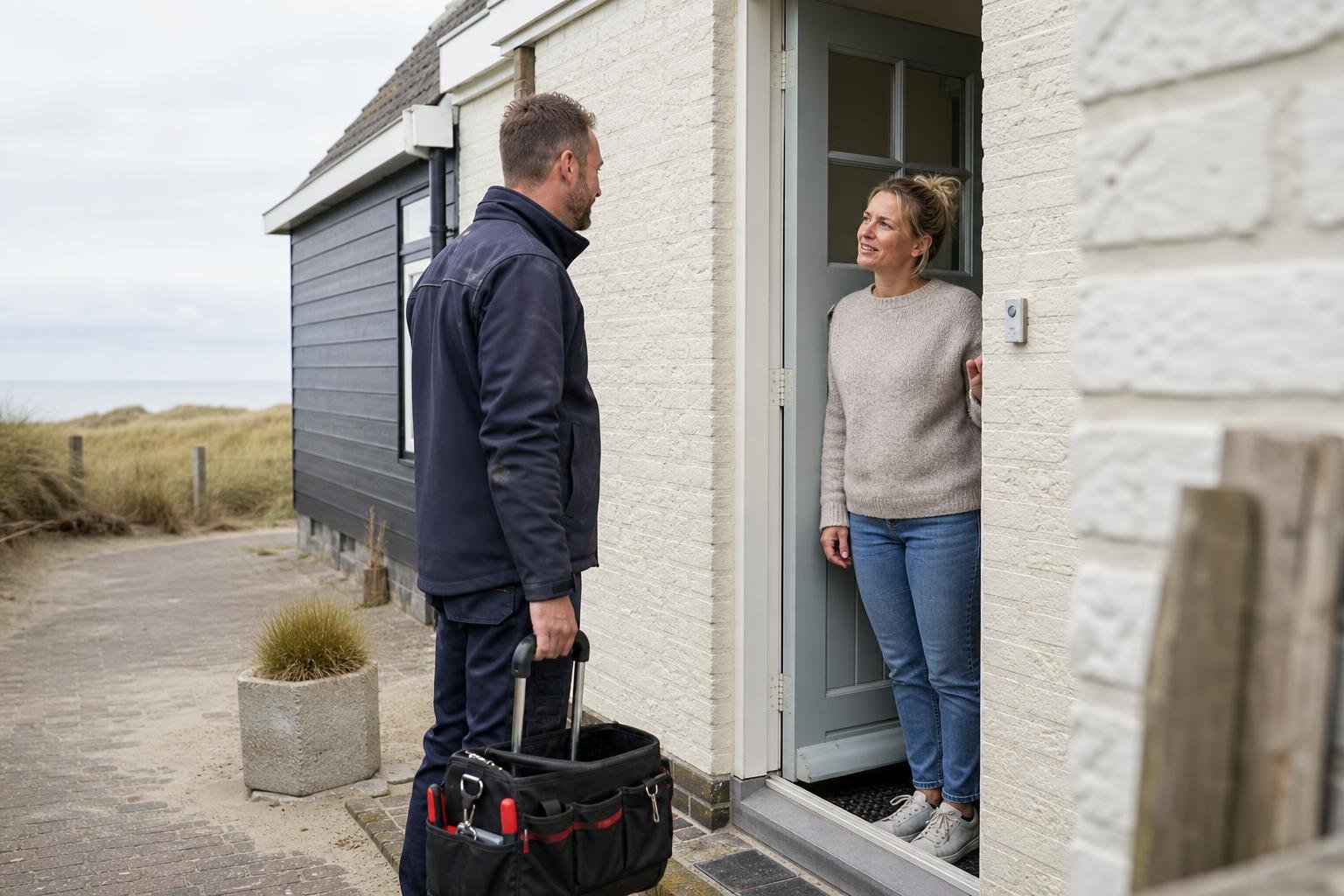 Technician speaking with a resident outside a coastal home in Wijk aan Zee