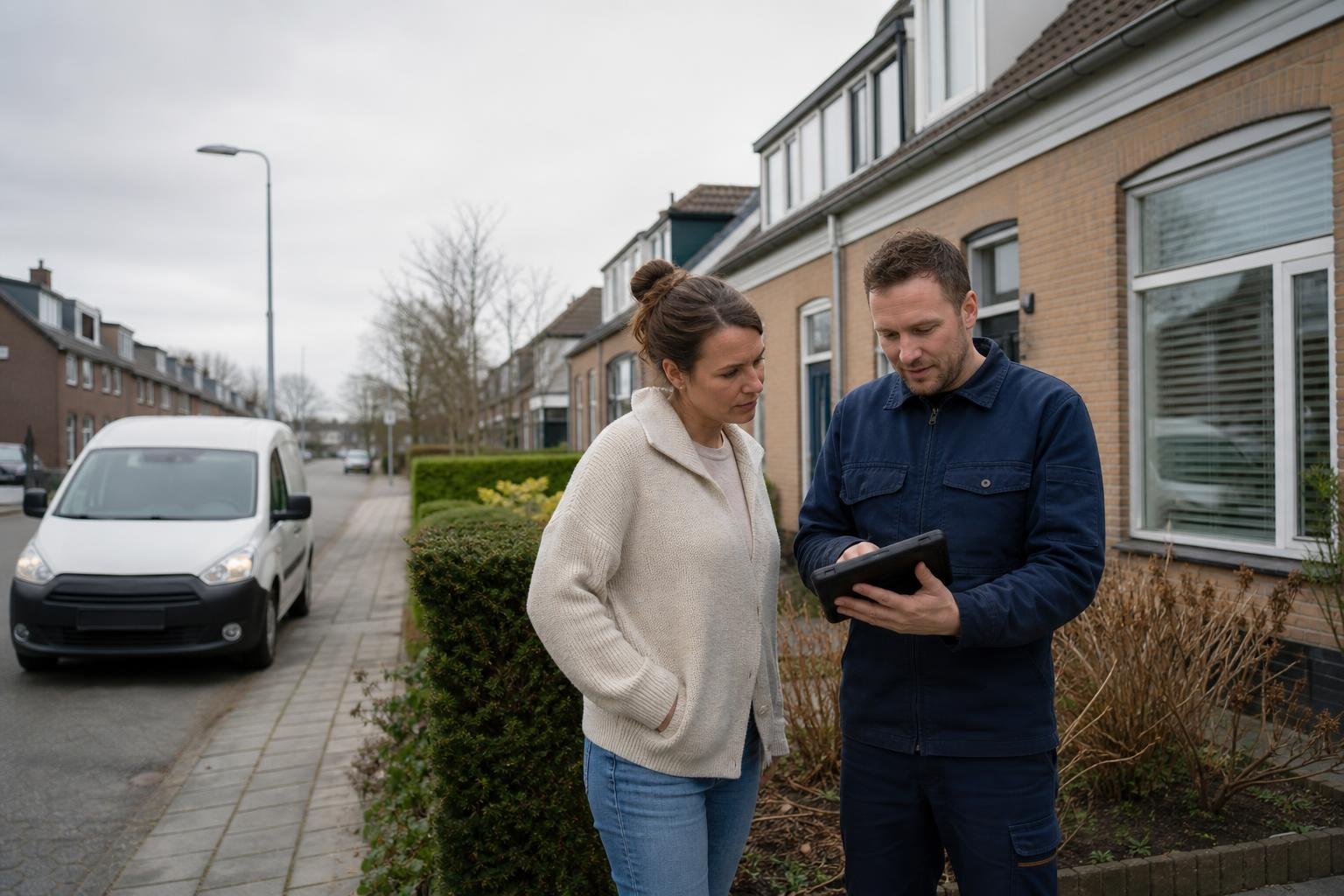 Technician reviewing a home heating inspection with a homeowner outside a house in Velsen-Noord