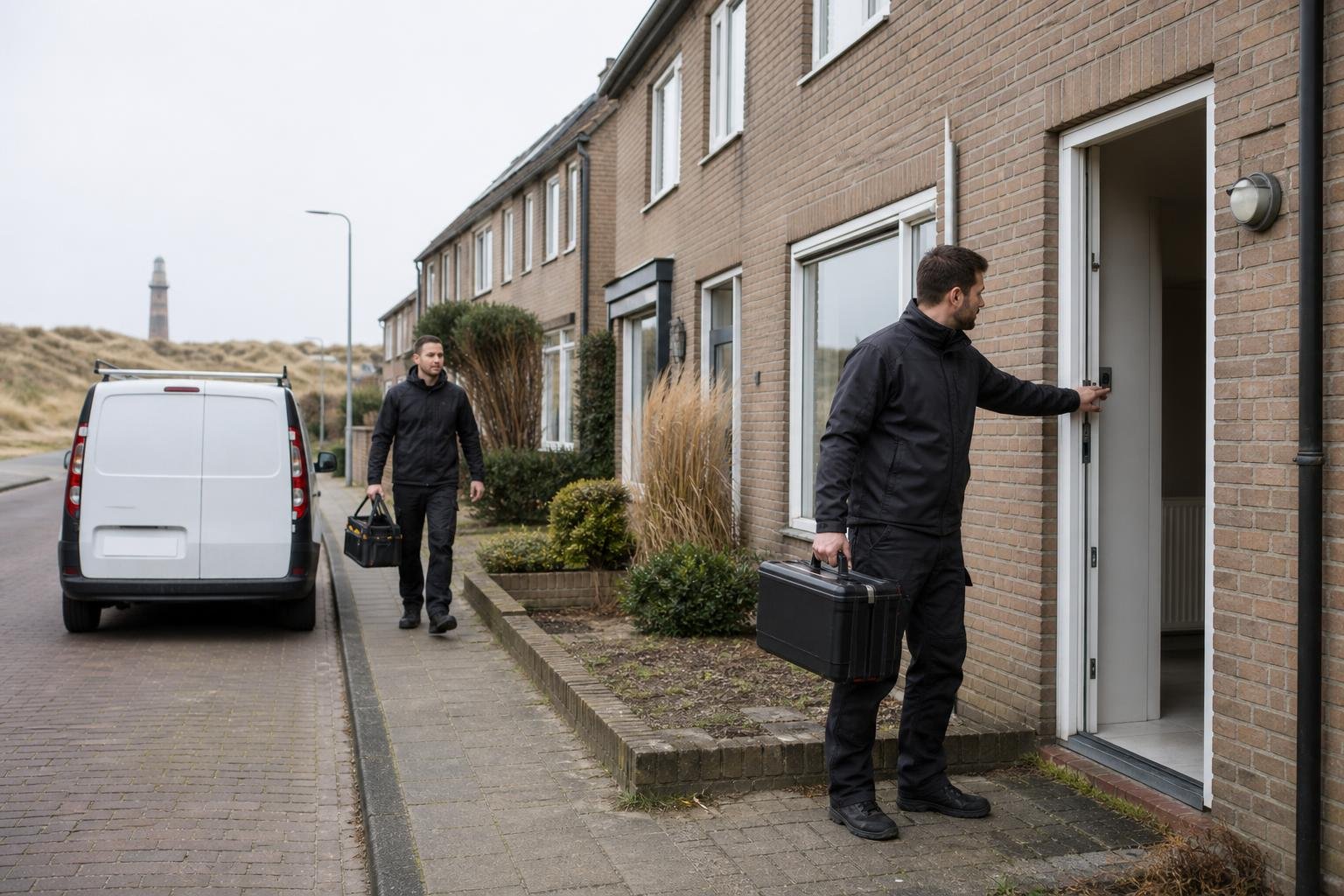 Heating technicians making a service visit to a coastal residential home in IJmuiden