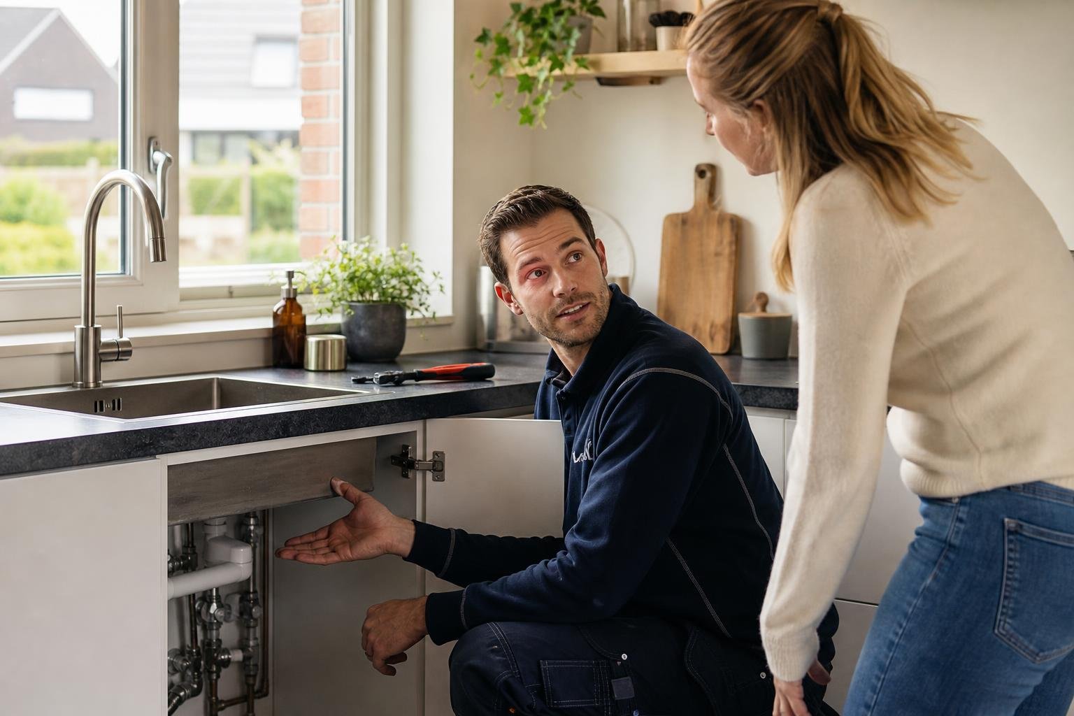 Plumber discussing a kitchen plumbing upgrade with a homeowner in Assendelft