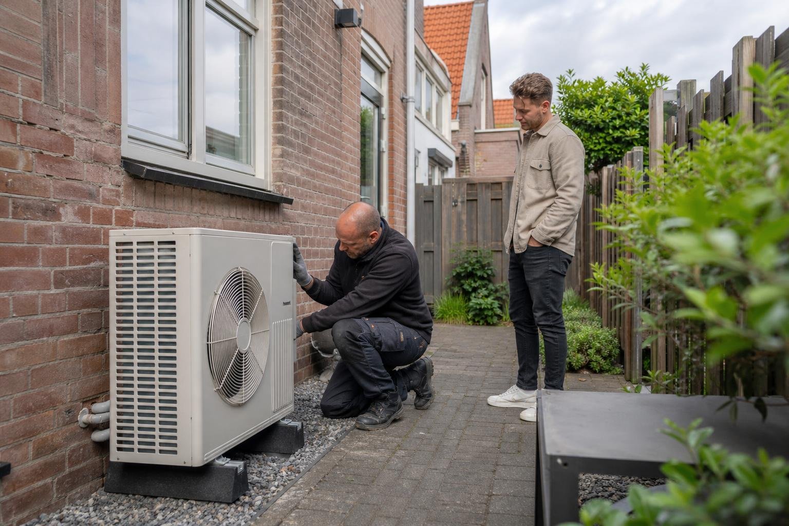 Technician checking an outdoor heat pump beside a tidy residential home in Uitgeest