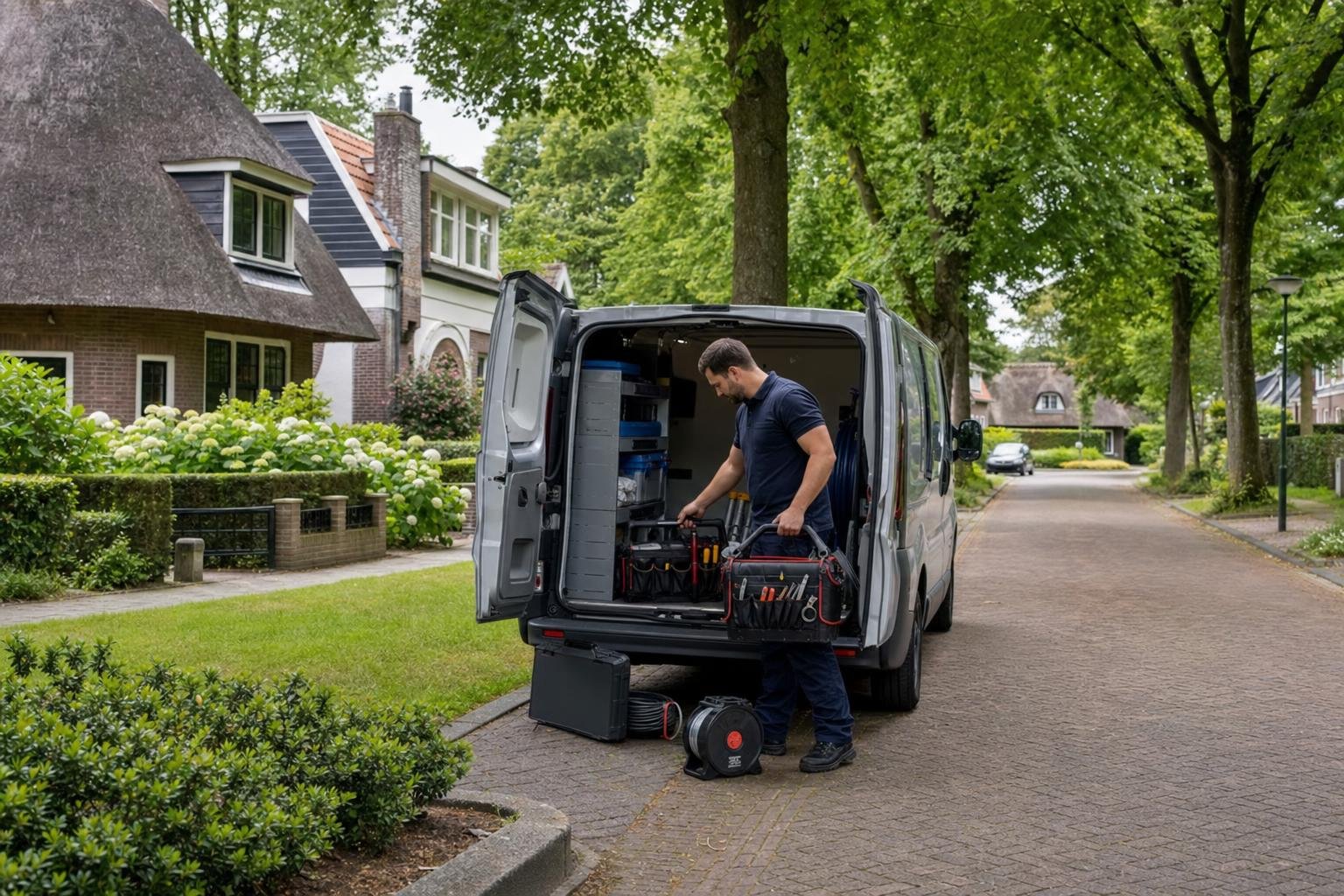 Technician unloading tools from a service van on a leafy residential street in Castricum