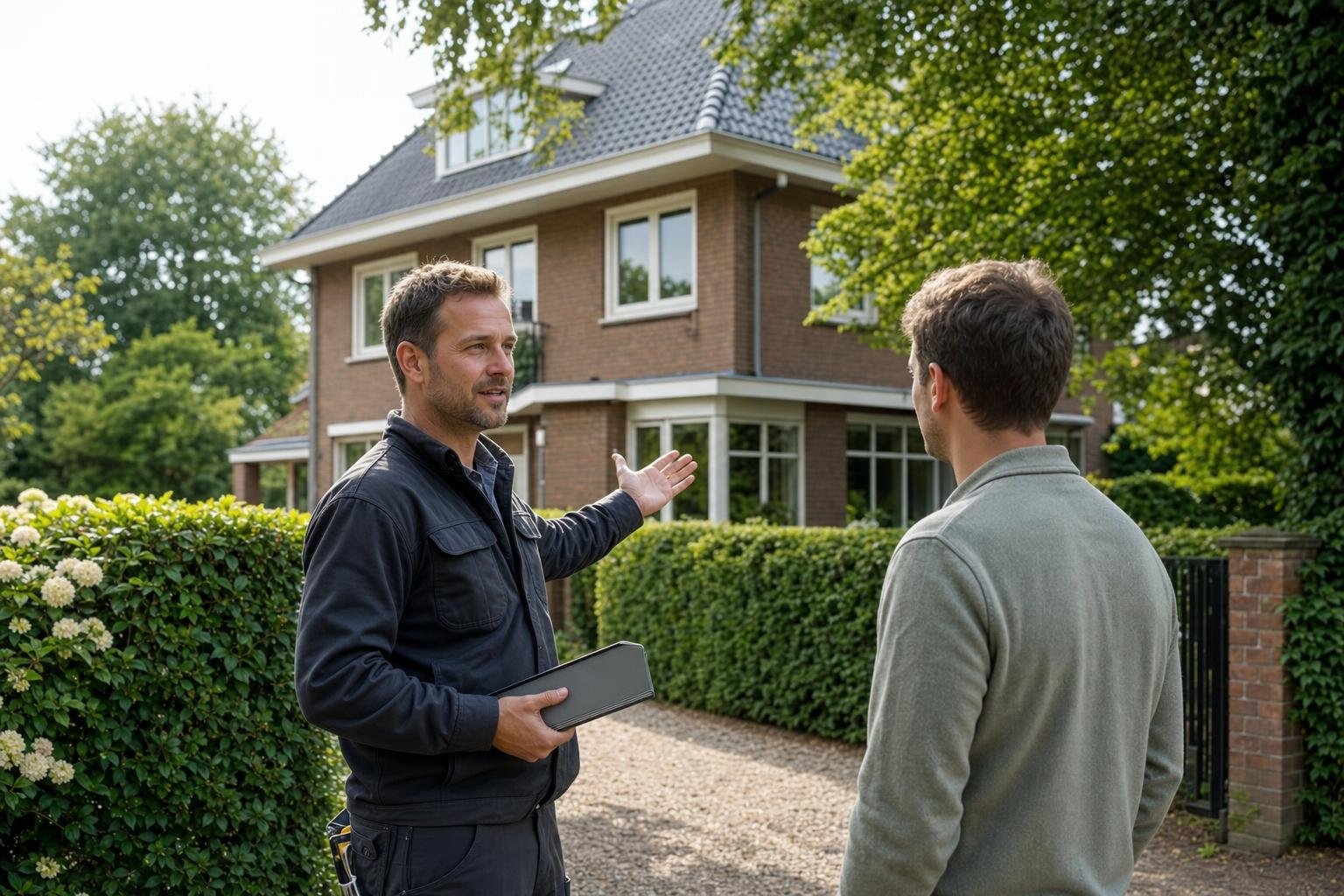 Heating specialist giving home energy advice outside a detached house in Santpoort-Zuid