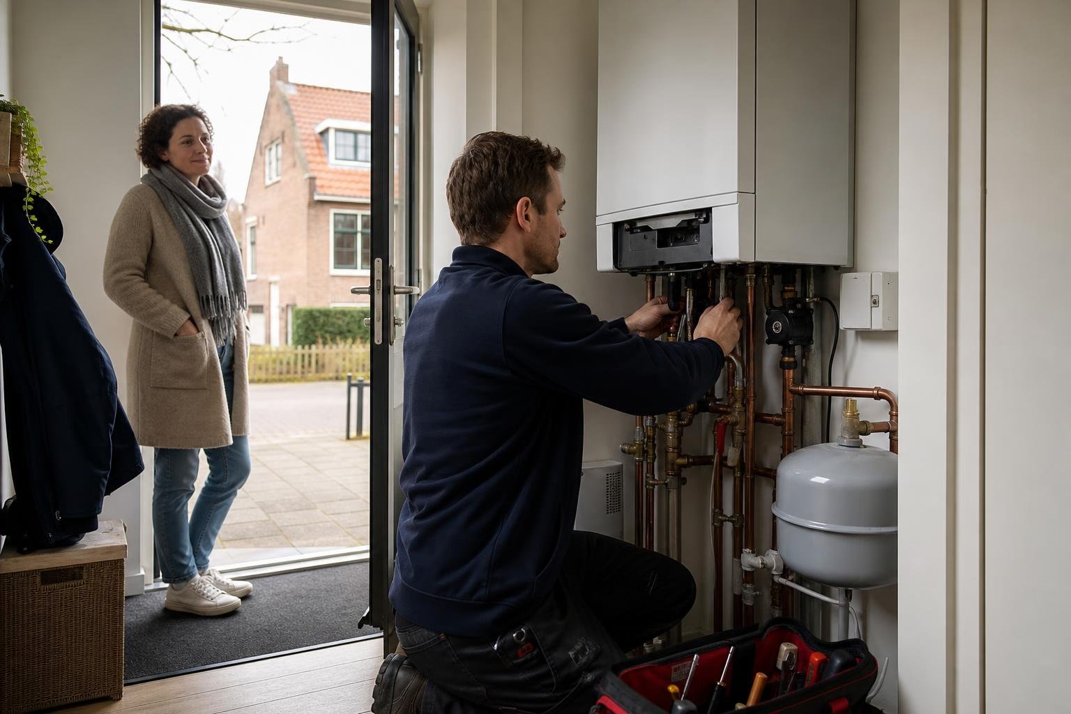 Technician servicing a central heating system inside a home in Velsen-Zuid